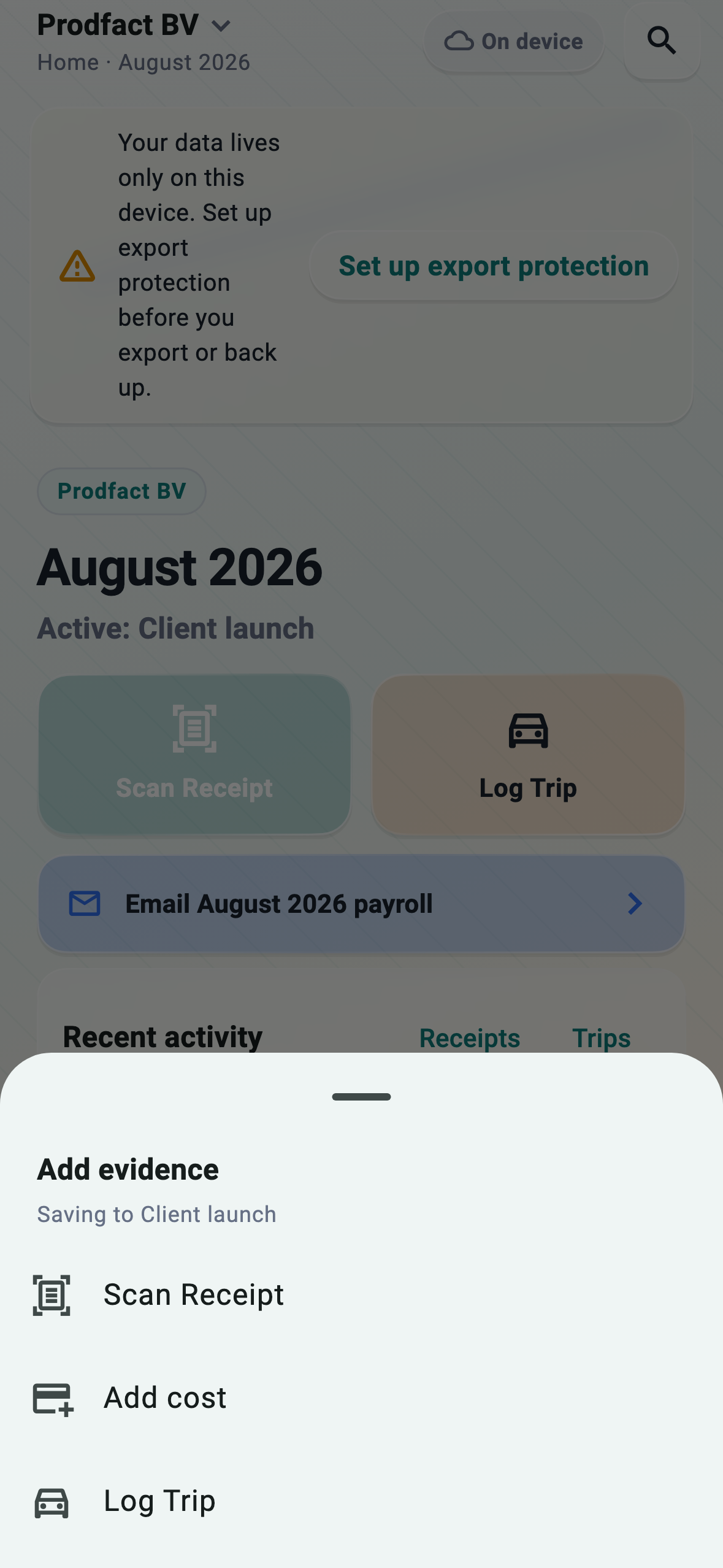 Add evidence hub: scan receipt, add cost, or log trip
