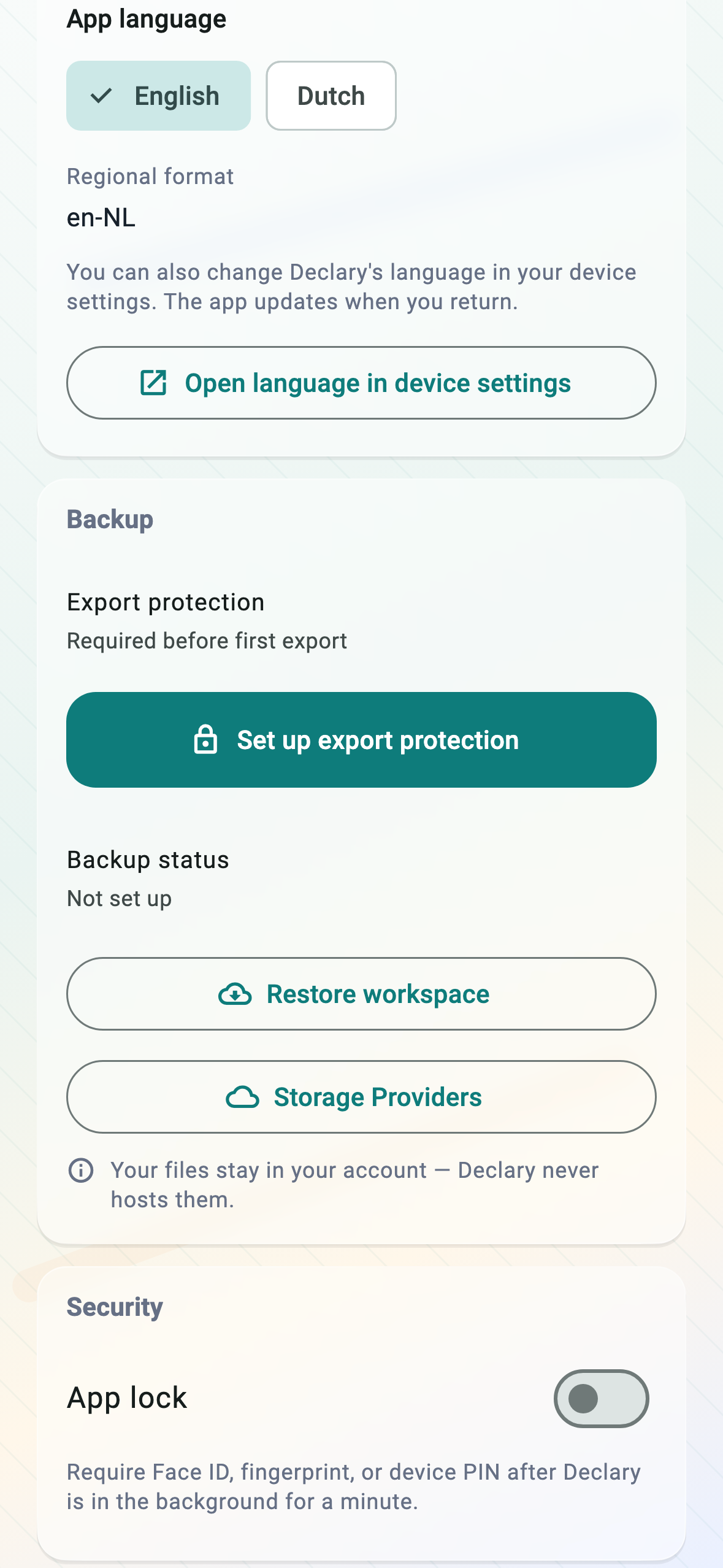 Settings with English and Dutch language options