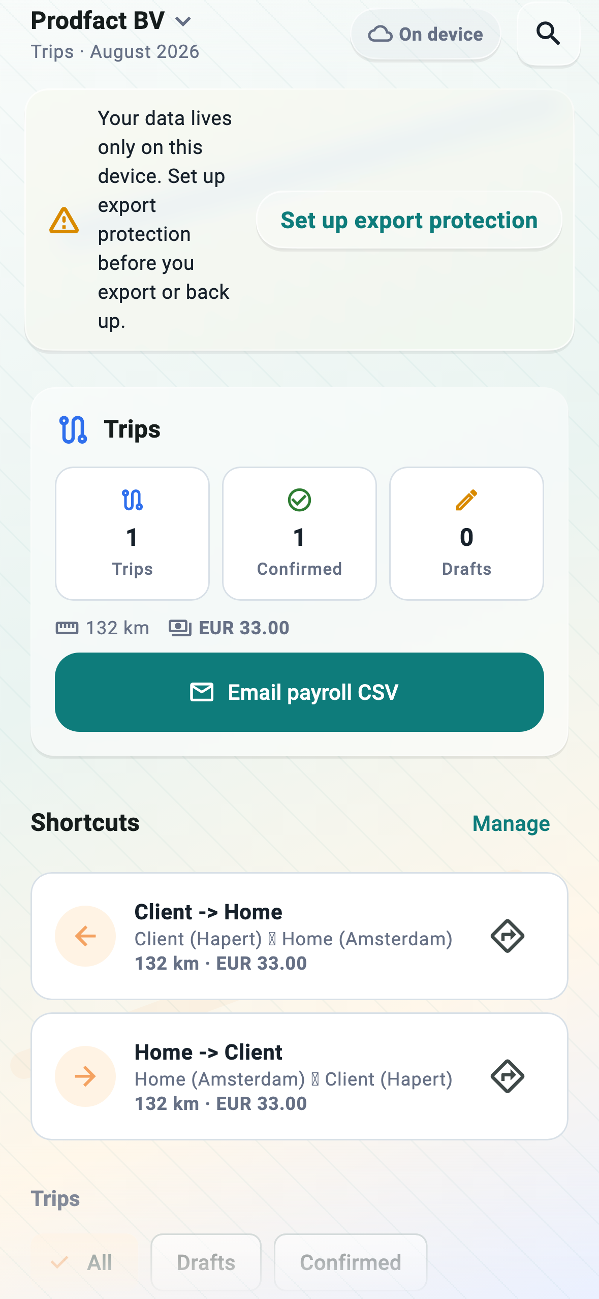Trip log with route, distance, and reimbursement rate